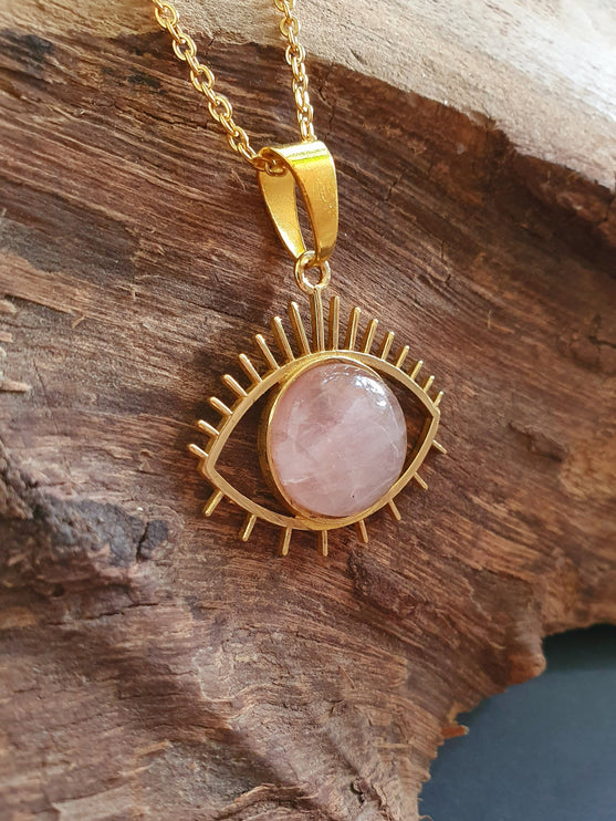 Gold Eye of Protection Necklace / Rose Quartz / Third Eye / Hypoallergenic / Brass / Boho / Inca / Ethnic / Hypoallergenic / Illuminati