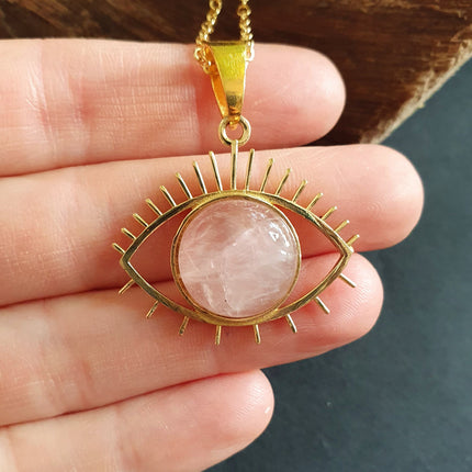 Gold Eye of Protection Necklace / Rose Quartz / Third Eye / Hypoallergenic / Brass / Boho / Inca / Ethnic / Hypoallergenic / Illuminati