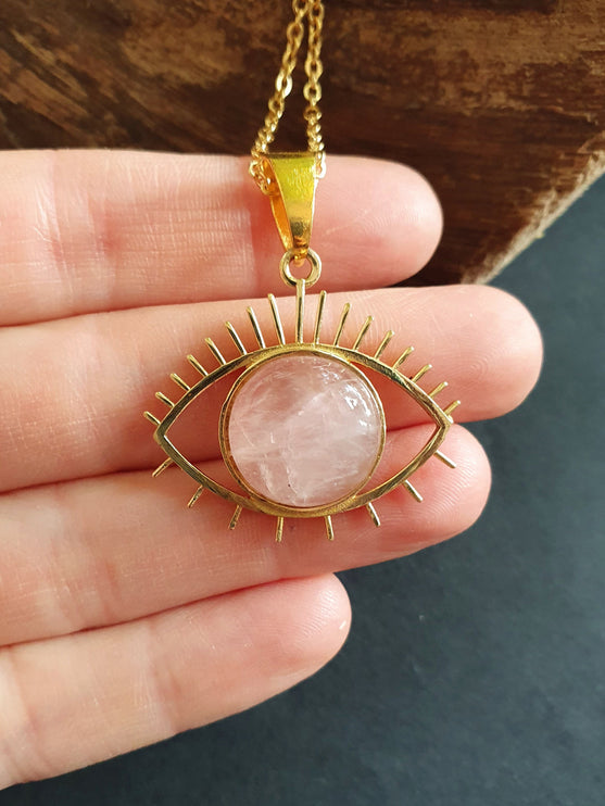 Gold Eye of Protection Necklace / Rose Quartz / Third Eye / Hypoallergenic / Brass / Boho / Inca / Ethnic / Hypoallergenic / Illuminati