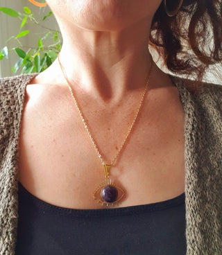 Gold Eye of Protection Necklace / Moonstone / Talisman / Third Eye / Hypoallergenic / Brass / Boho / Inca / Ethnic / Illuminati