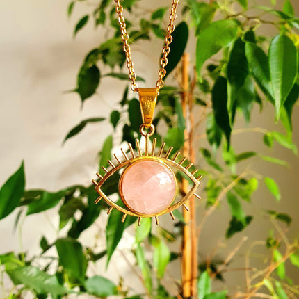 Gold Eye of Protection Necklace / Rose Quartz / Third Eye / Hypoallergenic / Brass / Boho / Inca / Ethnic / Hypoallergenic / Illuminati