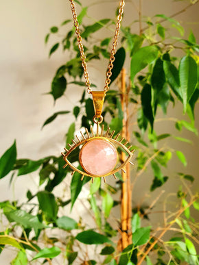 Gold Eye of Protection Necklace / Rose Quartz / Third Eye / Hypoallergenic / Brass / Boho / Inca / Ethnic / Hypoallergenic / Illuminati