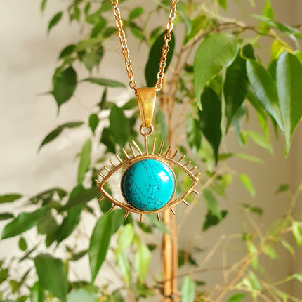 Turquoise Gold Eye of Protection Necklace / Third Eye / Hypoallergenic / Brass / Boho / Inca / Ethnic / Hypoallergenic / Illuminati