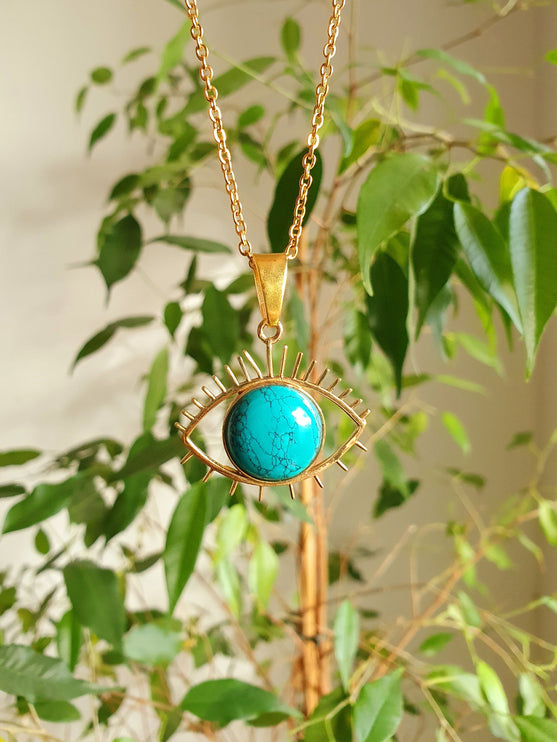 Turquoise Gold Eye of Protection Necklace / Third Eye / Hypoallergenic / Brass / Boho / Inca / Ethnic / Hypoallergenic / Illuminati