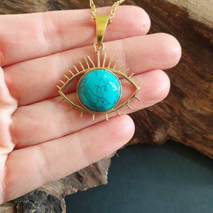 Turquoise Gold Eye of Protection Necklace / Third Eye / Hypoallergenic / Brass / Boho / Inca / Ethnic / Hypoallergenic / Illuminati