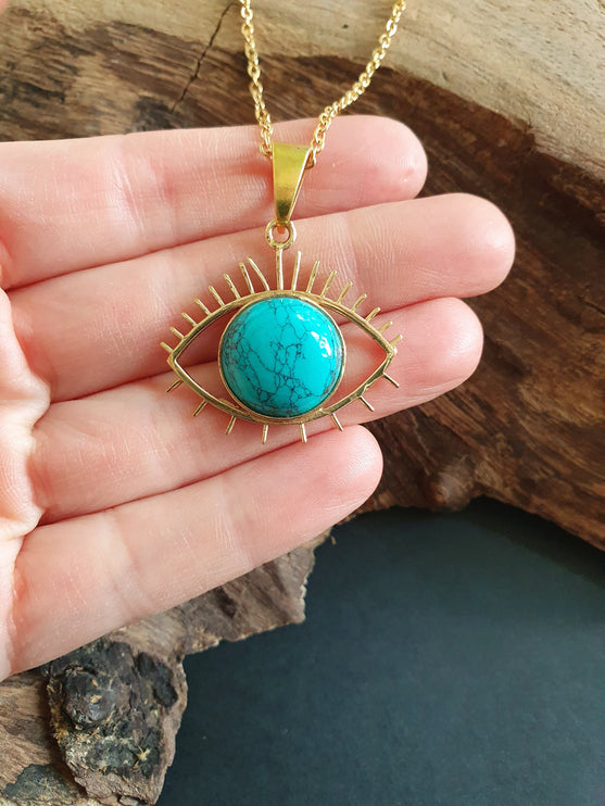 Turquoise Gold Eye of Protection Necklace / Third Eye / Hypoallergenic / Brass / Boho / Inca / Ethnic / Hypoallergenic / Illuminati