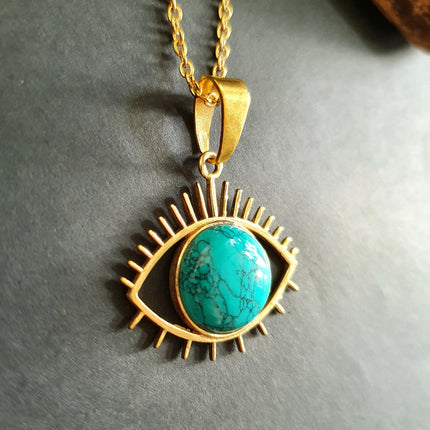 Turquoise Gold Eye of Protection Necklace / Third Eye / Hypoallergenic / Brass / Boho / Inca / Ethnic / Hypoallergenic / Illuminati