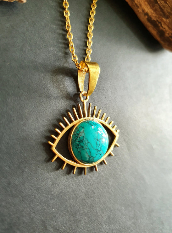 Turquoise Gold Eye of Protection Necklace / Third Eye / Hypoallergenic / Brass / Boho / Inca / Ethnic / Hypoallergenic / Illuminati