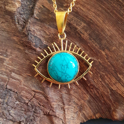 Turquoise Gold Eye of Protection Necklace / Third Eye / Hypoallergenic / Brass / Boho / Inca / Ethnic / Hypoallergenic / Illuminati