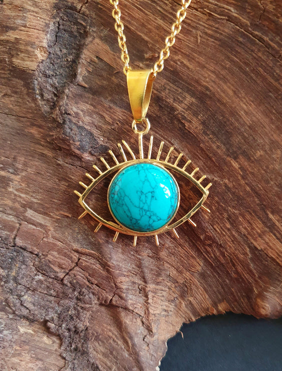 Turquoise Gold Eye of Protection Necklace / Third Eye / Hypoallergenic / Brass / Boho / Inca / Ethnic / Hypoallergenic / Illuminati