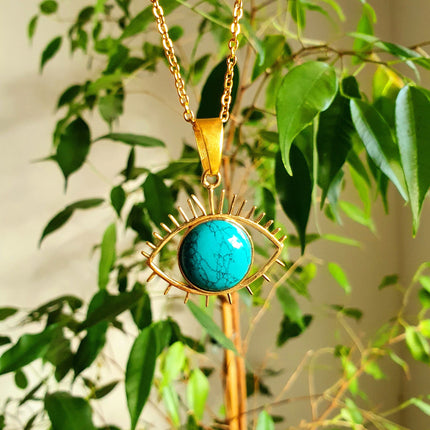 Turquoise Gold Eye of Protection Necklace / Third Eye / Hypoallergenic / Brass / Boho / Inca / Ethnic / Hypoallergenic / Illuminati