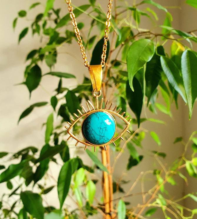 Turquoise Gold Eye of Protection Necklace / Third Eye / Hypoallergenic / Brass / Boho / Inca / Ethnic / Hypoallergenic / Illuminati