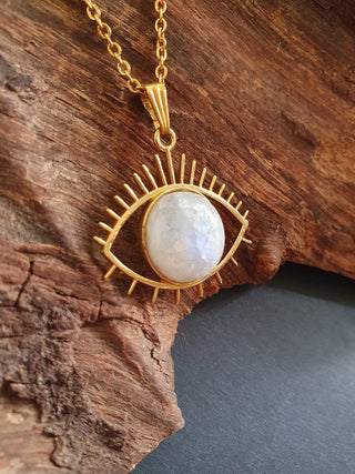 Gold Eye of Protection Necklace / Moonstone / Talisman / Third Eye / Hypoallergenic / Brass / Boho / Inca / Ethnic / Illuminati
