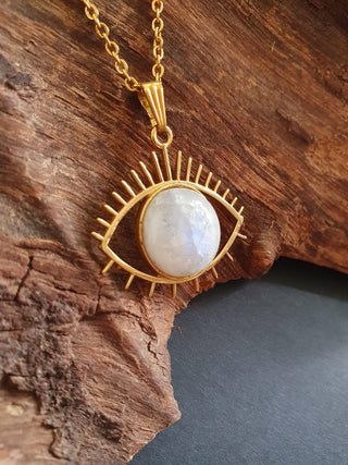 Gold Eye of Protection Necklace / Moonstone / Talisman / Third Eye / Hypoallergenic / Brass / Boho / Inca / Ethnic / Illuminati