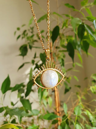 Gold Eye of Protection Necklace / Moonstone / Talisman / Third Eye / Hypoallergenic / Brass / Boho / Inca / Ethnic / Illuminati
