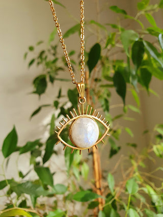 Gold Eye of Protection Necklace / Moonstone / Talisman / Third Eye / Hypoallergenic / Brass / Boho / Inca / Ethnic / Illuminati