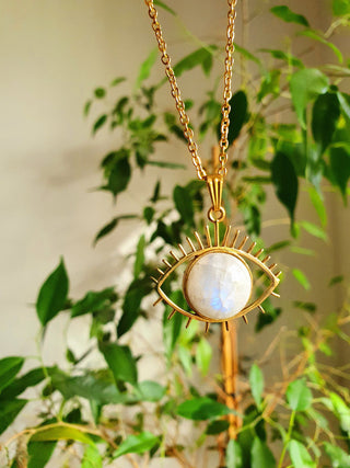 Gold Eye of Protection Necklace / Moonstone / Talisman / Third Eye / Hypoallergenic / Brass / Boho / Inca / Ethnic / Illuminati