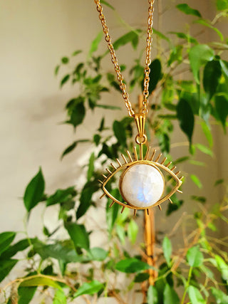 Gold Eye of Protection Necklace / Moonstone / Talisman / Third Eye / Hypoallergenic / Brass / Boho / Inca / Ethnic / Illuminati