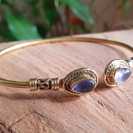 Amethyst / Bali Boho Brass Bracelet / Bangle / Ethnic / Rustic / Bohemian / Hippie / Gypsy / Psy / Adjustable