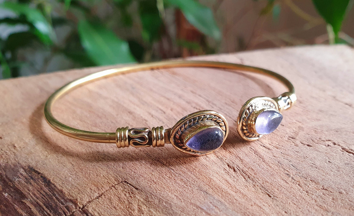 Amethyst / Bali Boho Brass Bracelet / Bangle / Ethnic / Rustic / Bohemian / Hippie / Gypsy / Psy / Adjustable