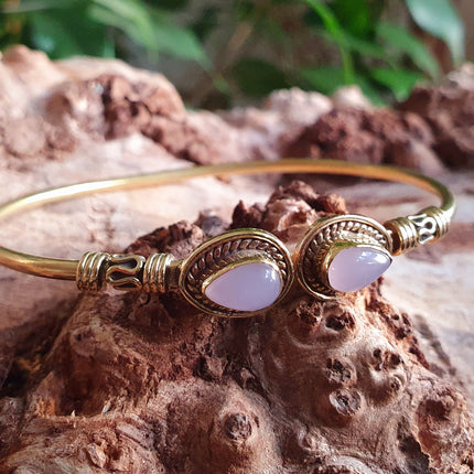 Bali Boho Brass Bracelet / Rose Quartz / Bangle / Ethnic / Rustic / Bohemian / Hippie / Gypsy / Psy / Adjustable
