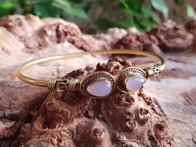 Bali Boho Brass Bracelet / Rose Quartz / Bangle / Ethnic / Rustic / Bohemian / Hippie / Gypsy / Psy / Adjustable