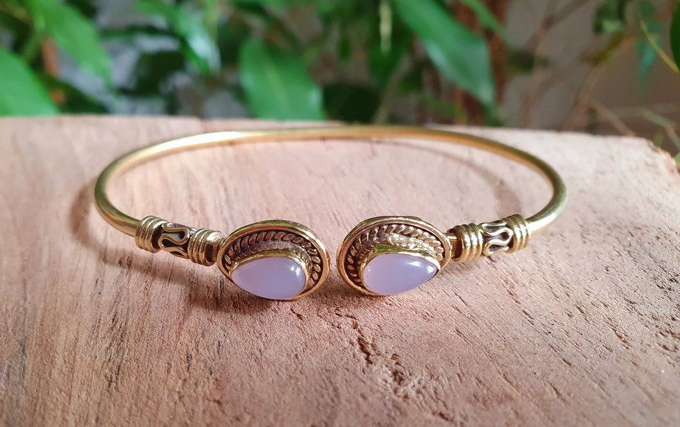 Bali Boho Brass Bracelet / Rose Quartz / Bangle / Ethnic / Rustic / Bohemian / Hippie / Gypsy / Psy / Adjustable
