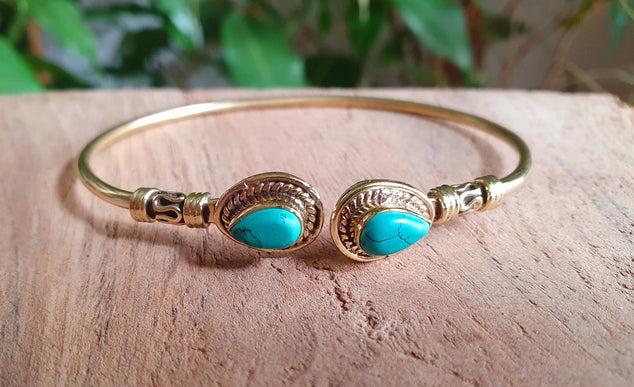 Bali Boho Brass Bracelet / Turquoise / Bangle / Ethnic / Rustic / Bohemian / Hippie / Gypsy / Psy / Adjustable