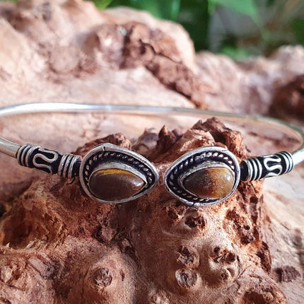 Bali Tiger Eye Silver Bracelet / Bangle / Ethnic / Rustic / Bohemian / Hippie / Gypsy / Psy / Adjustable / White stone