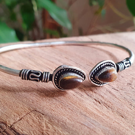 Bali Tiger Eye Silver Bracelet / Bangle / Ethnic / Rustic / Bohemian / Hippie / Gypsy / Psy / Adjustable / White stone