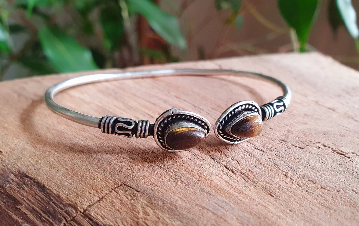 Bali Tiger Eye Silver Bracelet / Bangle / Ethnic / Rustic / Bohemian / Hippie / Gypsy / Psy / Adjustable / White stone