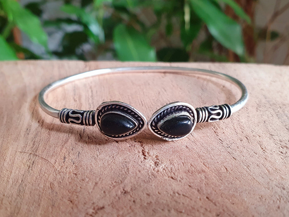 Bali Black Onyx Silver Bracelet / Bangle / Ethnic / Rustic / Bohemian / Hippie / Gypsy / Psy / Adjustable / Blue stone