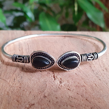 Bali Black Onyx Silver Bracelet / Bangle / Ethnic / Rustic / Bohemian / Hippie / Gypsy / Psy / Adjustable / Blue stone