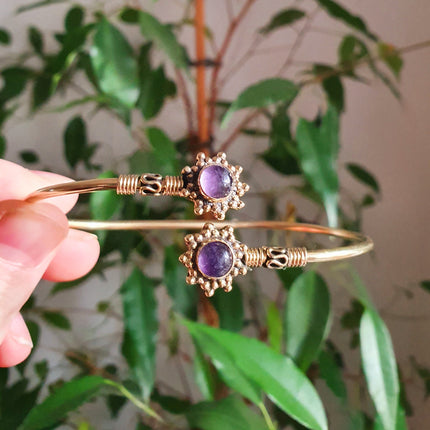 Bali Flower Brass Bracelet / Amethyst / Bangle / Ethnic / Rustic / Bohemian / Hippie / Gypsy / Psy / Adjustable