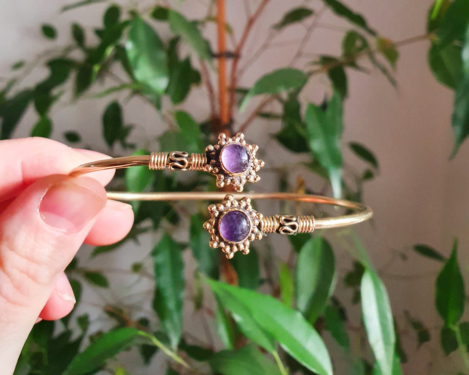 Bali Flower Brass Bracelet / Amethyst / Bangle / Ethnic / Rustic / Bohemian / Hippie / Gypsy / Psy / Adjustable