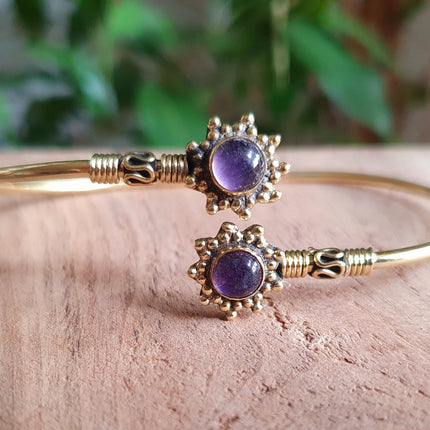 Bali Flower Brass Bracelet / Amethyst / Bangle / Ethnic / Rustic / Bohemian / Hippie / Gypsy / Psy / Adjustable