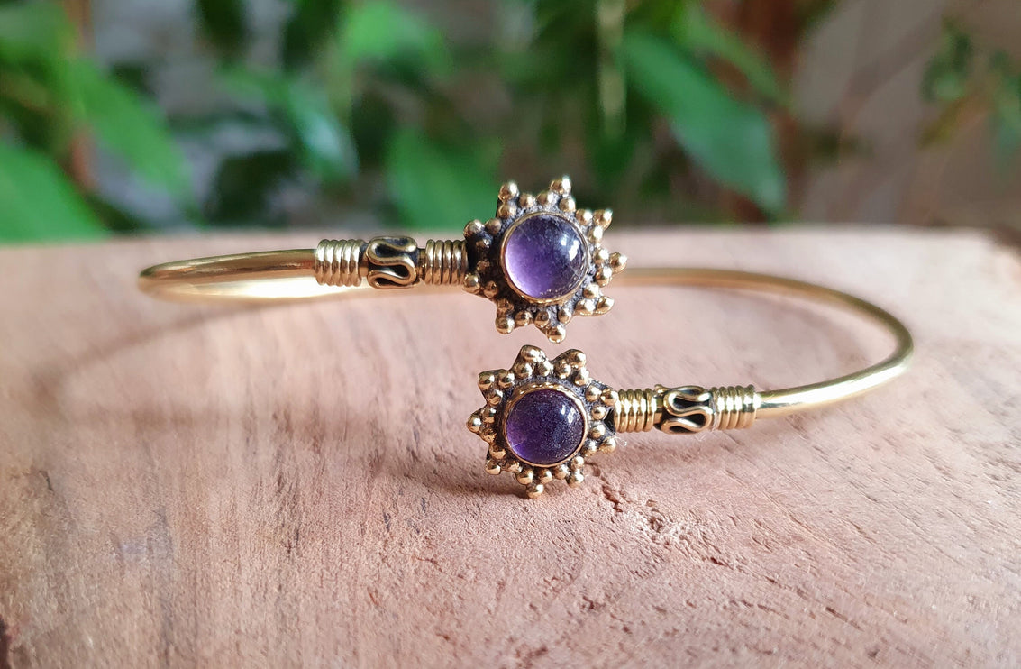 Bali Flower Brass Bracelet / Amethyst / Bangle / Ethnic / Rustic / Bohemian / Hippie / Gypsy / Psy / Adjustable