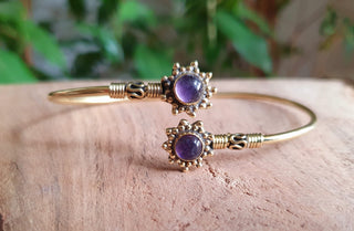 Boho Brass Bracelet Amethyst, Women's Ethnic Bangle, Amethyst Gift