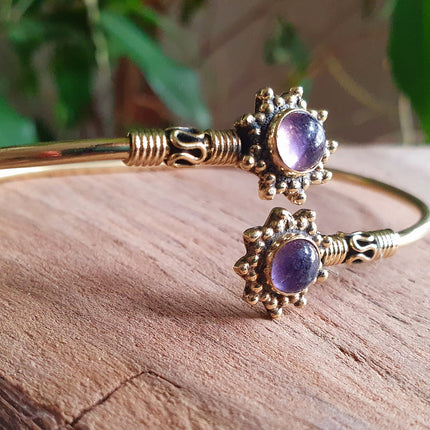 Bali Flower Brass Bracelet / Amethyst / Bangle / Ethnic / Rustic / Bohemian / Hippie / Gypsy / Psy / Adjustable