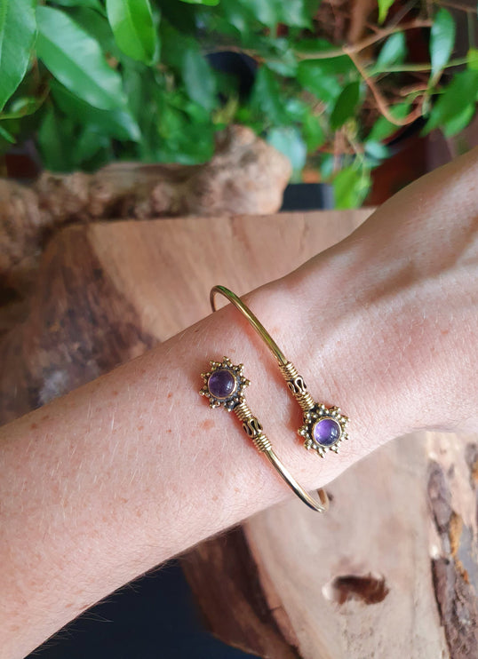 Bali Flower Brass Bracelet / Amethyst / Bangle / Ethnic / Rustic / Bohemian / Hippie / Gypsy / Psy / Adjustable