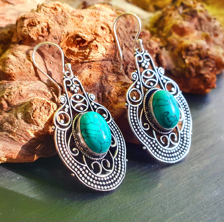 Large Turquoise Silver Drop Dangle earrings / Birth Stone / Ethnic / rustic, yoga, hippie, gypsy, pretty, psy, boho, bohemian, festival