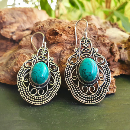 Large Turquoise Silver Drop Dangle earrings / Birth Stone / Ethnic / rustic, yoga, hippie, gypsy, pretty, psy, boho, bohemian, festival