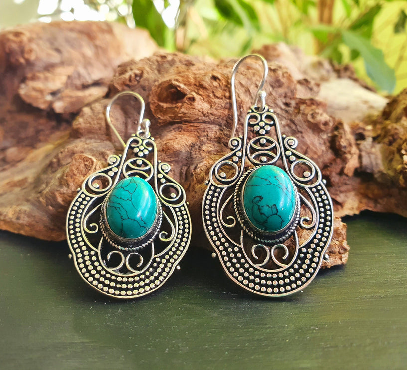 Large Turquoise Silver Drop Dangle earrings / Birth Stone / Ethnic / rustic, yoga, hippie, gypsy, pretty, psy, boho, bohemian, festival