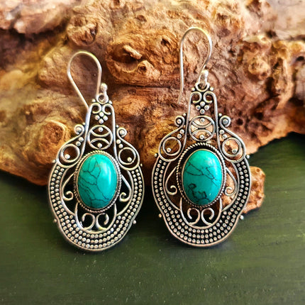 Large Turquoise Silver Drop Dangle earrings / Birth Stone / Ethnic / rustic, yoga, hippie, gypsy, pretty, psy, boho, bohemian, festival