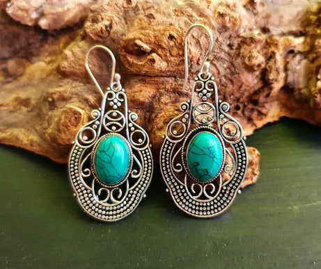 Large Turquoise Silver Drop Dangle earrings / Birth Stone / Ethnic / rustic, yoga, hippie, gypsy, pretty, psy, boho, bohemian, festival