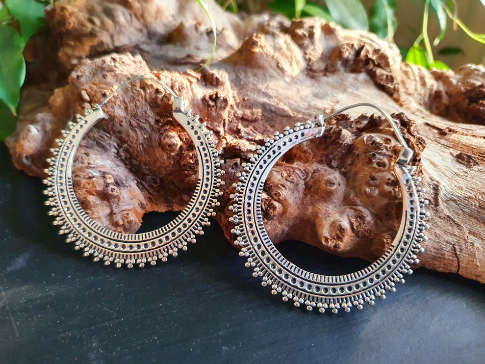 Large Silver Hoop Earrings; Boho Ear Weights Ethnic Rustic Indian Festival Psy Gypsy Spiral Hippie style