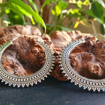 Large Silver Hoop Earrings; Boho Ear Weights Ethnic Rustic Indian Festival Psy Gypsy Spiral Hippie style