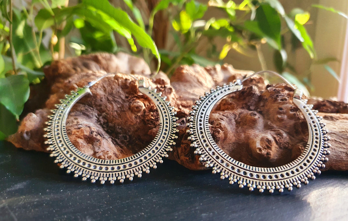 Large Silver Hoop Earrings; Boho Ear Weights Ethnic Rustic Indian Festival Psy Gypsy Spiral Hippie style