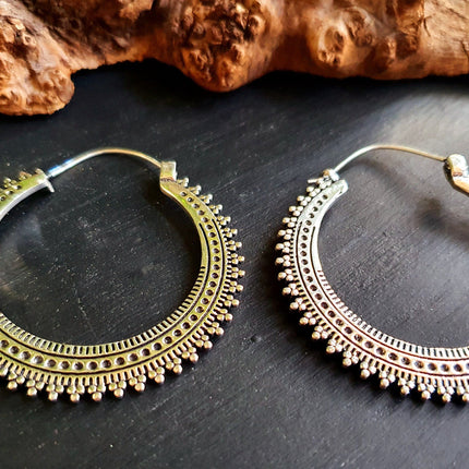 Large Silver Hoop Earrings; Boho Ear Weights Ethnic Rustic Indian Festival Psy Gypsy Spiral Hippie style