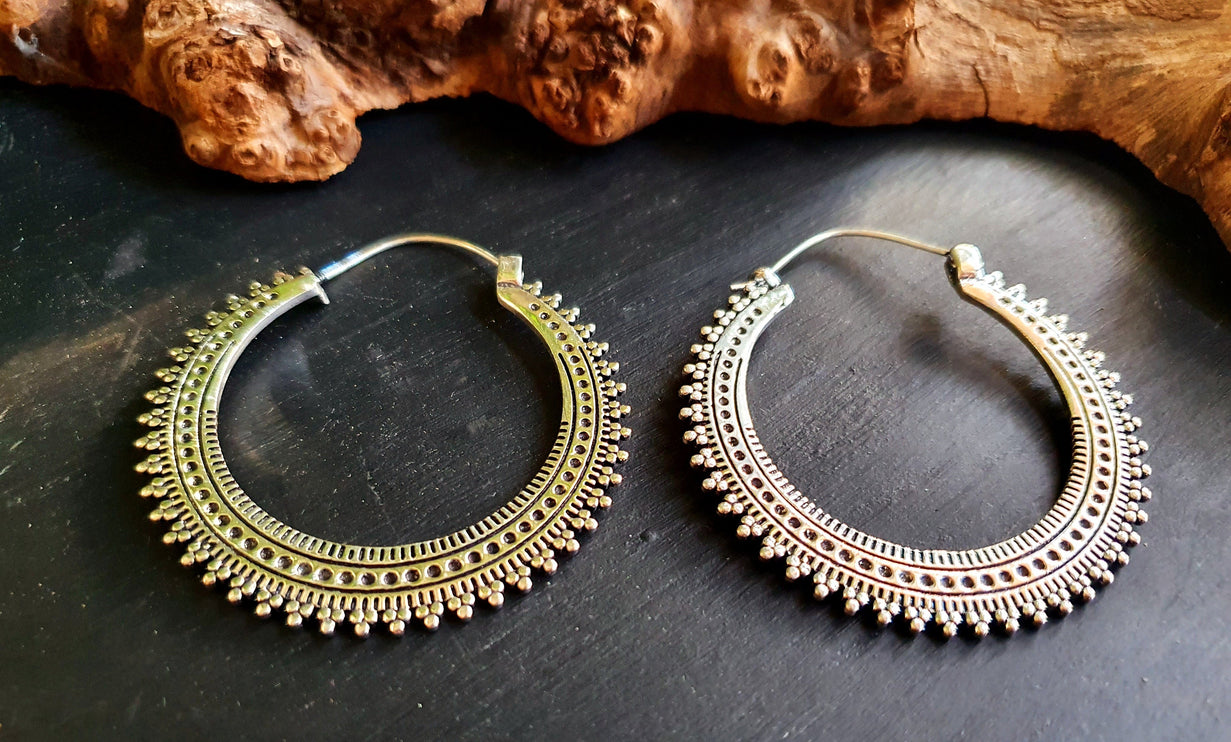 Large Silver Hoop Earrings; Boho Ear Weights Ethnic Rustic Indian Festival Psy Gypsy Spiral Hippie style